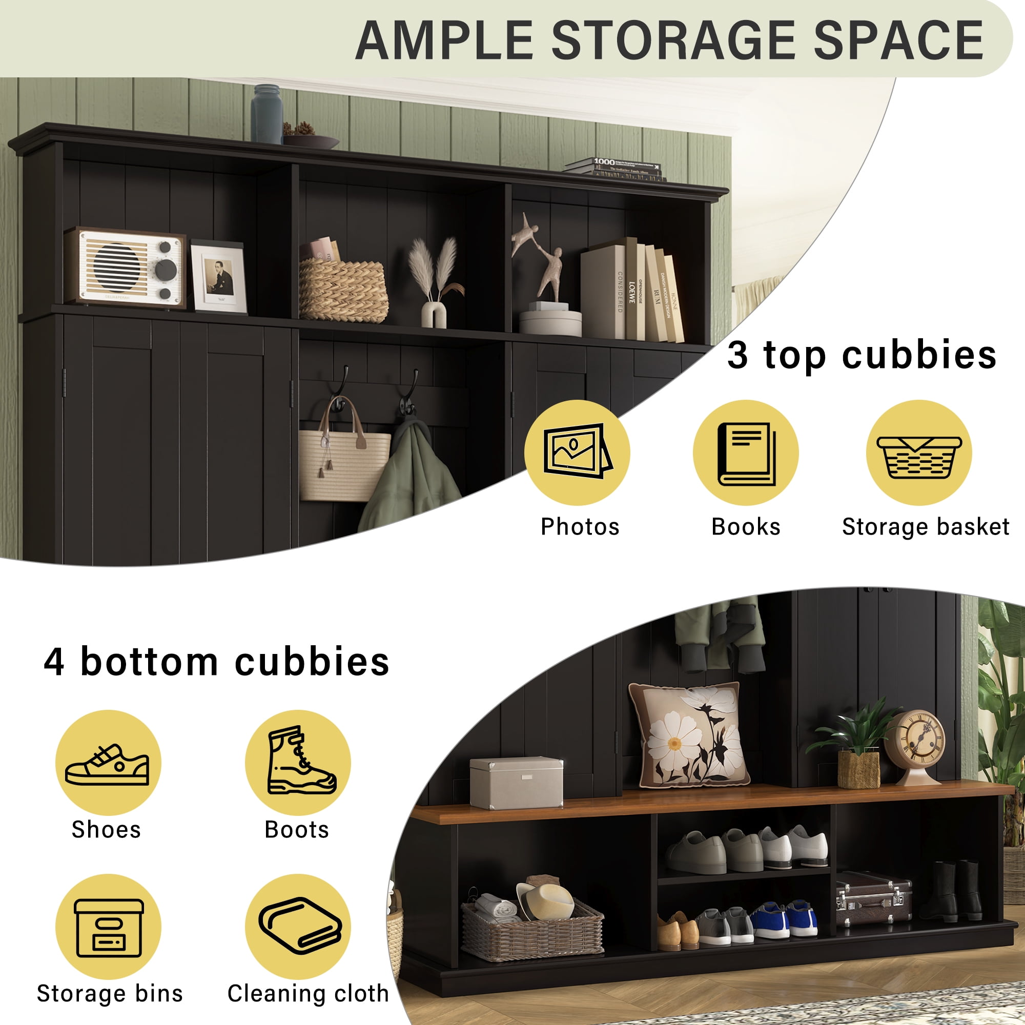Mintazer 62.2"W Entryway Hall Tree with Coat Rack, Storage Bench & 3 Top Cubbies, Freestanding Shoe Cabinets for Hallway, Mudroom, Bedroom, Black