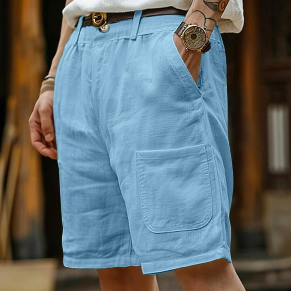 Zylanna Men's Casual Shorts, Elastic Waist Solid Color Beach Vocation with Pockets 2025 New Style Summer Short Pants for Man Light Blue Size 2XL