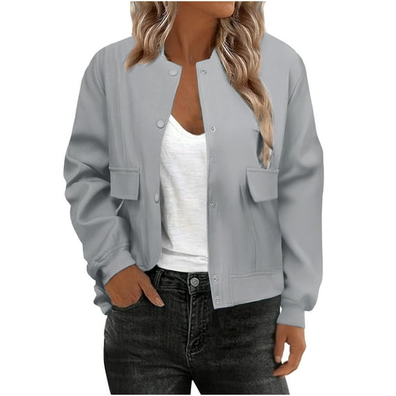RYRJJ Womens Cropped Bomber Jacket Casual Long Sleeve Button Down Varsity Jackets Shackets with Pockets Lightweight Outwear(Gray,S)