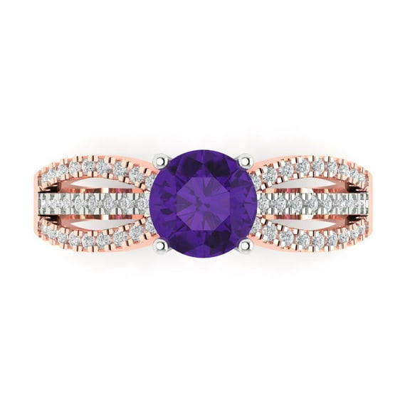 1.27 ctw Solitaire with Zirconia Diamond Accents Anniversary Ring for Women | Round Cut Natural Amethyst | Hyperallergenic Solid 14K White/Rose Gold
