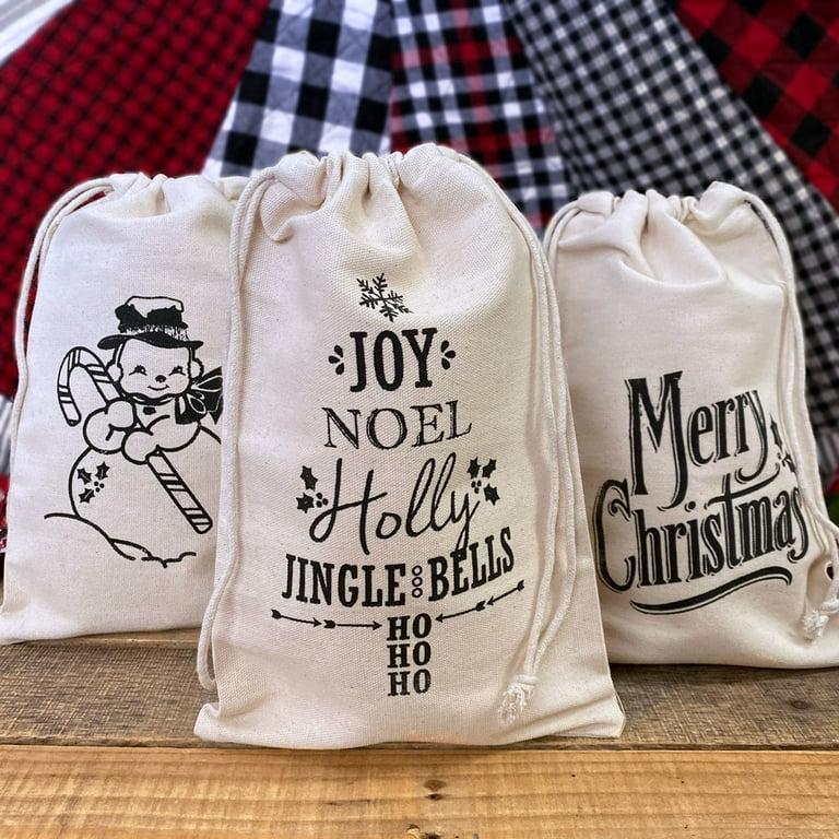Marilee Home Christmas Cotton Canvas Off White Gift Bags Set of 3 Vintage Designs 8