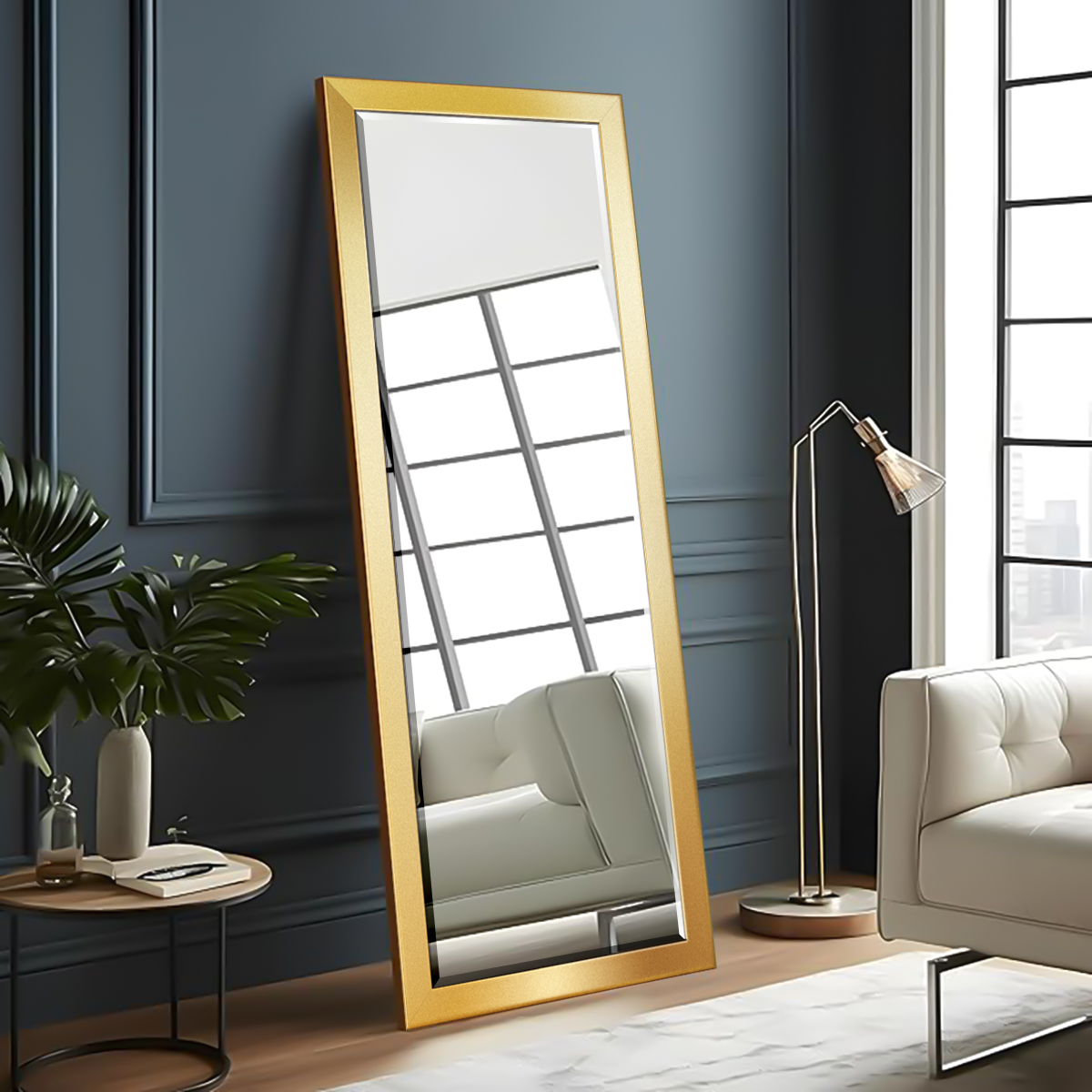 25 in. W x 61 in. H Framed Rectangle Beveled Edge Wood Full Length Mirror in Solid Gold