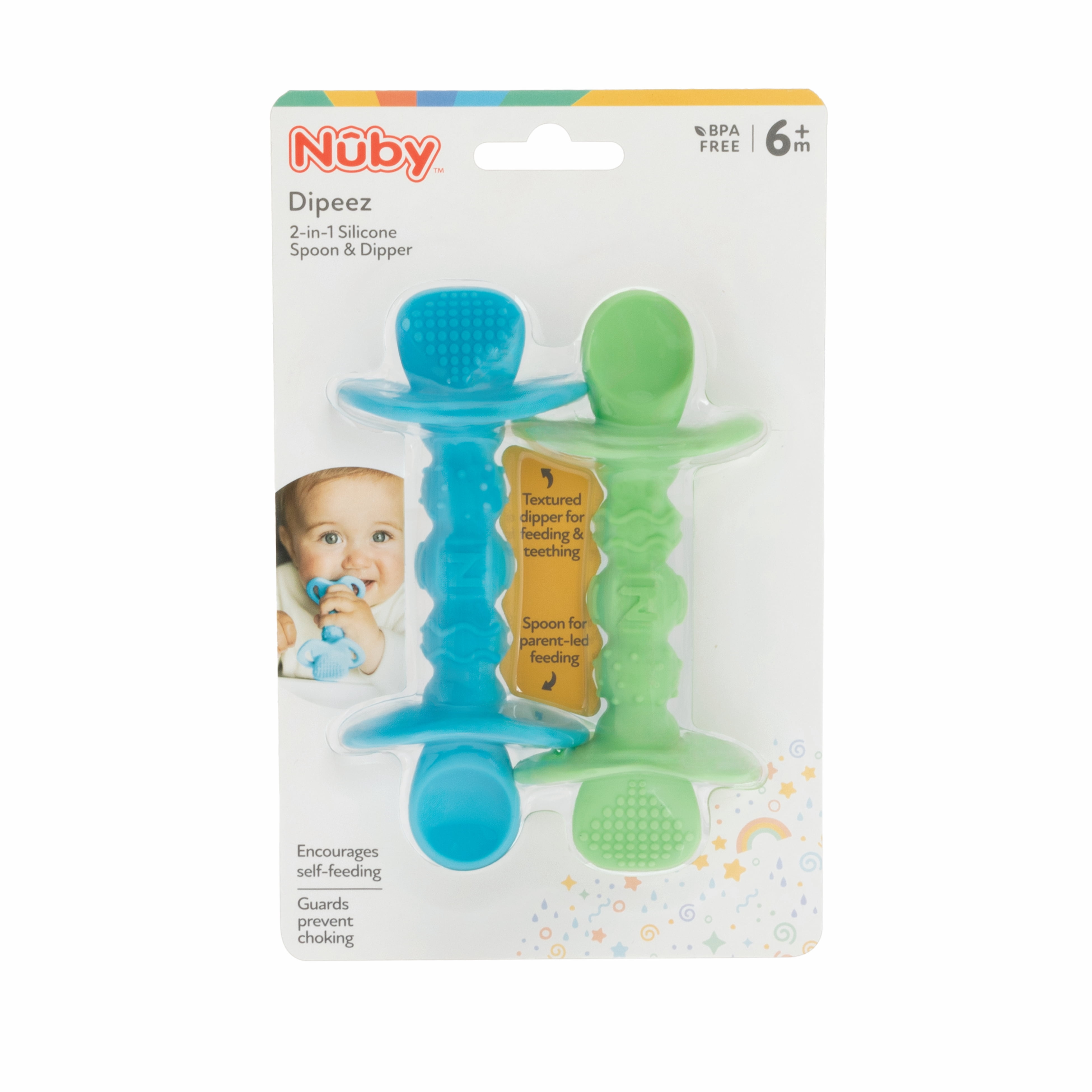 Nuby Dipeez Self-Feeding Spoons for Babies, Multicolor, 2 Count Infant/Toddler Spoons