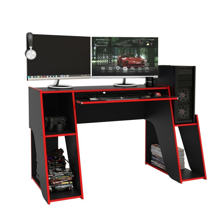 SPEEDLINK SCARIT Scrivania Gaming A Forma Di Z - Nero E Rosso, Con Portabevande, Supporto Cuffie E Gestione Cavi, Dimensioni 114x68x75 Cm