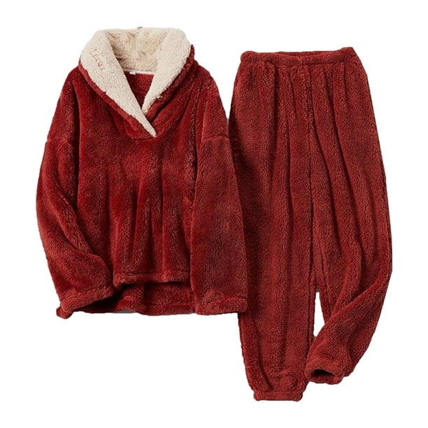 ZheElen Home Satin Sleepwear Soft Comfortable And Versatile Warm Women  Autumn And Winter Flannel Pajamas Set Winered S 