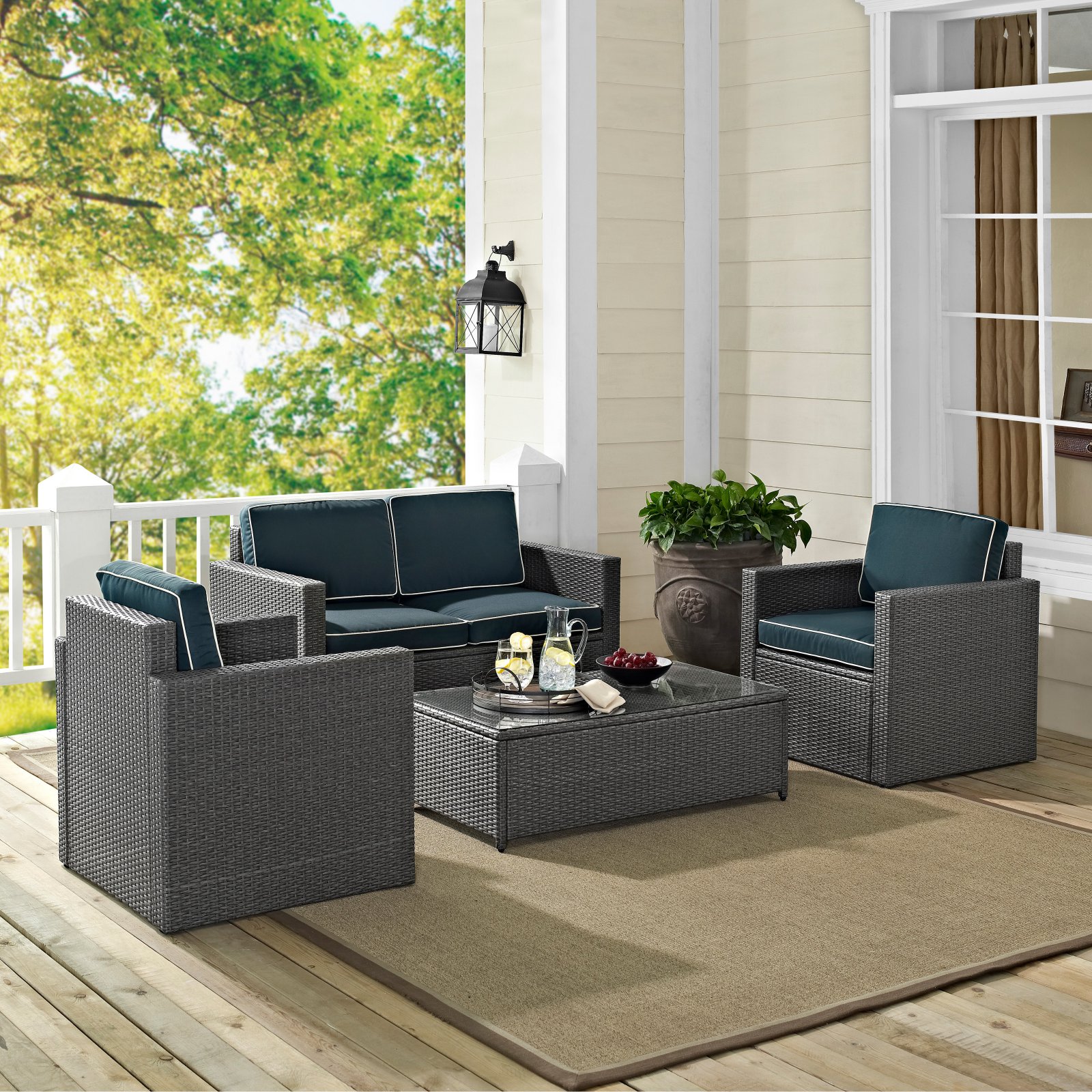 Crosley Palm Harbor Outdoor Wicker Seating Set, Grey Wicker with Navy Cushions, 4-Piece by Crosley Brands, Inc
