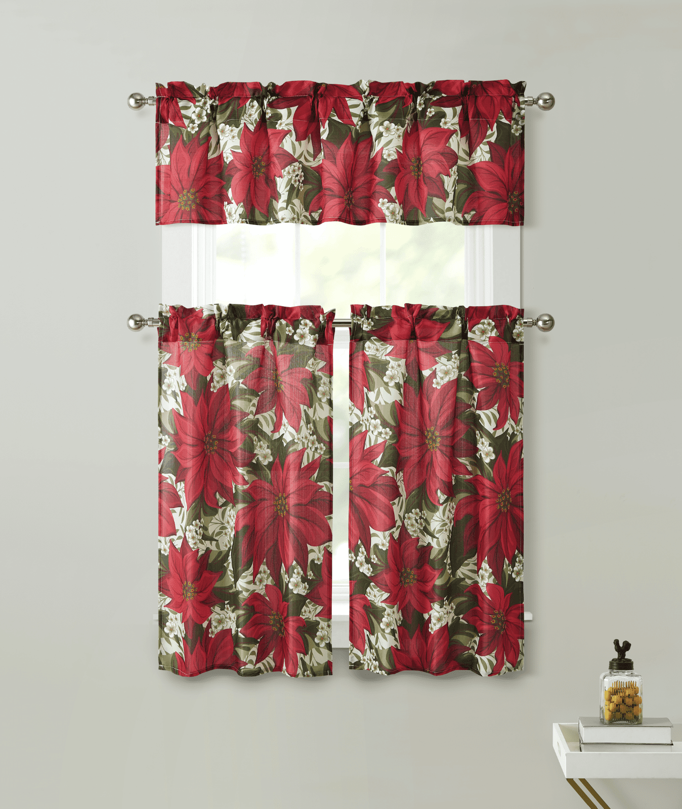 Kate Aurora Holiday Classic Red Poinsettia Christmas 3 Pc Kitchen Curtain Tier & Valance Set Light Filtering