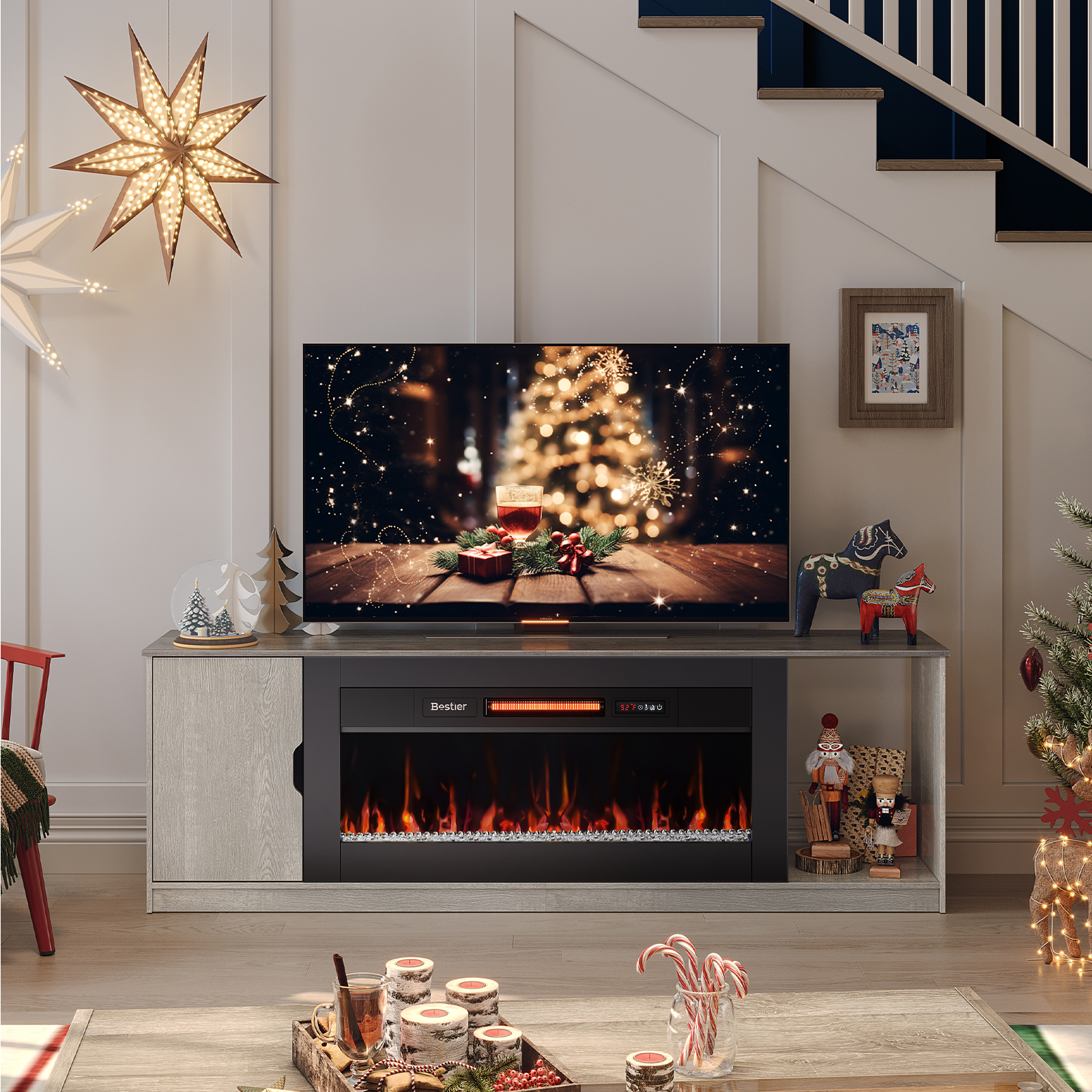 Bestier Entertainment Center with Fireplace, 70" Modern TV Stand with Storage for 80-Inch TVs, Features Timer & Remote, Ideal for PS5 Gaming, in Gray Wood