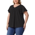 thumbnail image 4 of Blusas de verano casuales de mujer plus size con flores, volantes y pliegues, escote en V, manga corta, 3X, negras, 4 of 6