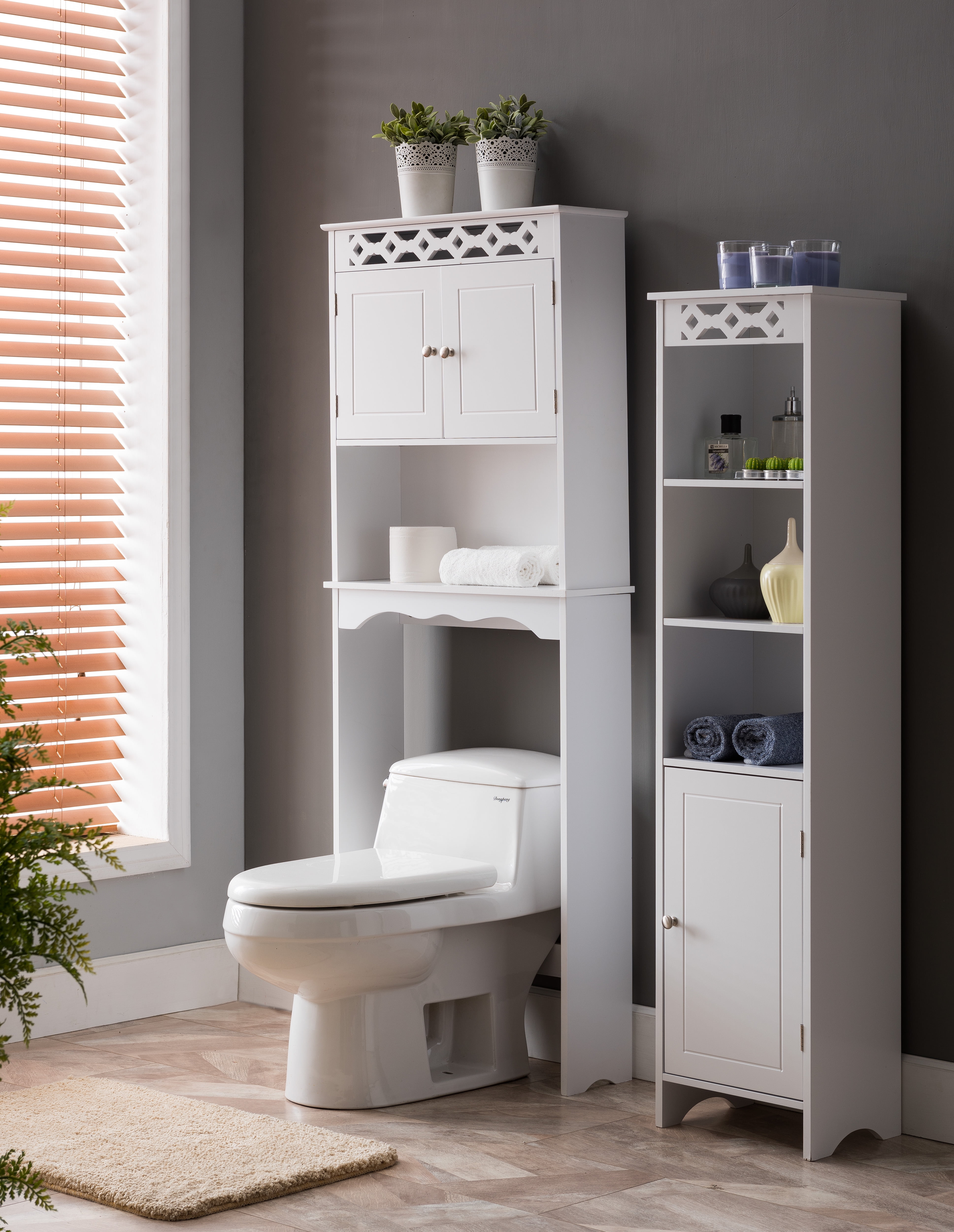 Lichfield 2 Piece Bathroom Storage Set, White Wood (Tower & Over The Toilet Rack