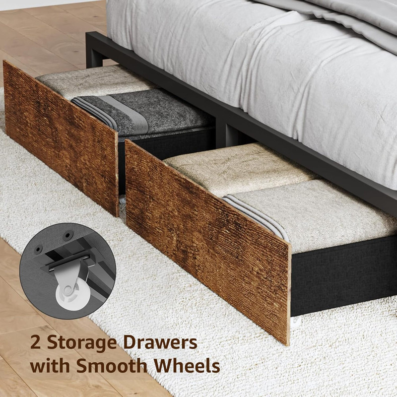 Queen Bed Frame with 4 Storage Drawers, Upholstered Velvet LED Button-Tufted Headboard, and Wooden Slats - No Box Spring Needed, Brown
