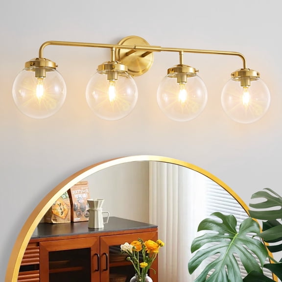 Deyidn 4-Light Gold Bathroom Vanity Light with Clear Globe Glass Shade Modern Bathroom Wall E12 Bulb