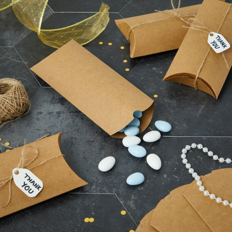 100-Pack Kraft Paper Pillow Boxes With Jute Twine - 7.5x3.7 Inches For Wedding Favors, Jewelry, Small Gifts