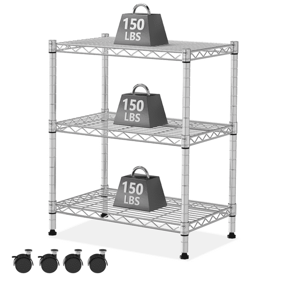 Dkelincs 3 Tier Adjustable Storage Metal Shelves with Casters and Leveling Feet, NSF Wire Shelving Unit for Kitchen, Silver