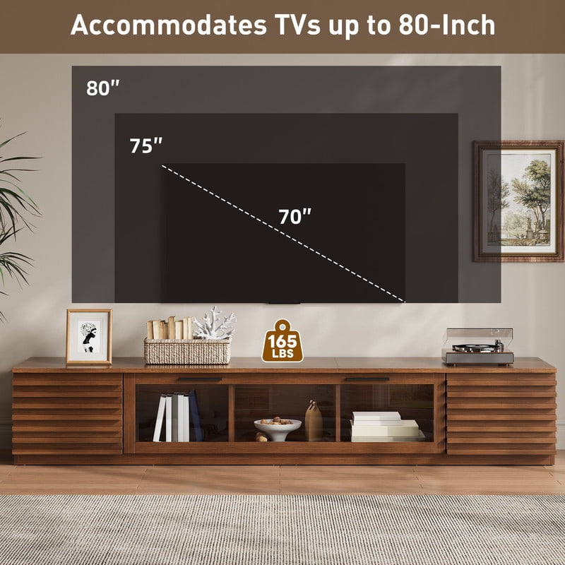 Modern TV Stand for TVs up to 80", Entertainment Center with Cable Holes, Media Console Table with Flap Glass Door & LED Light