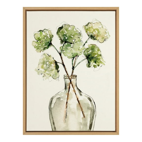 Kate and Laurel Sylvie Greenery Vase Framed Linen Textured Canvas Wall Art by Sara Berrenson, 18x24 Natural, Modern Nature Art for Wall
