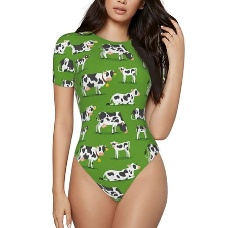Gaeub Cows With Calfs Green Print Women s Short Sleeve One Piece Swimsuit Sexy High-Waisted Bodysuit Bathing Suit for Swimming  Beach  Sports-X-Large