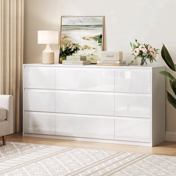 60’’ High Gloss White Dresser with 9 Drawers, Modern Storage Cabinet for Bedroom, Hallway, Living Room