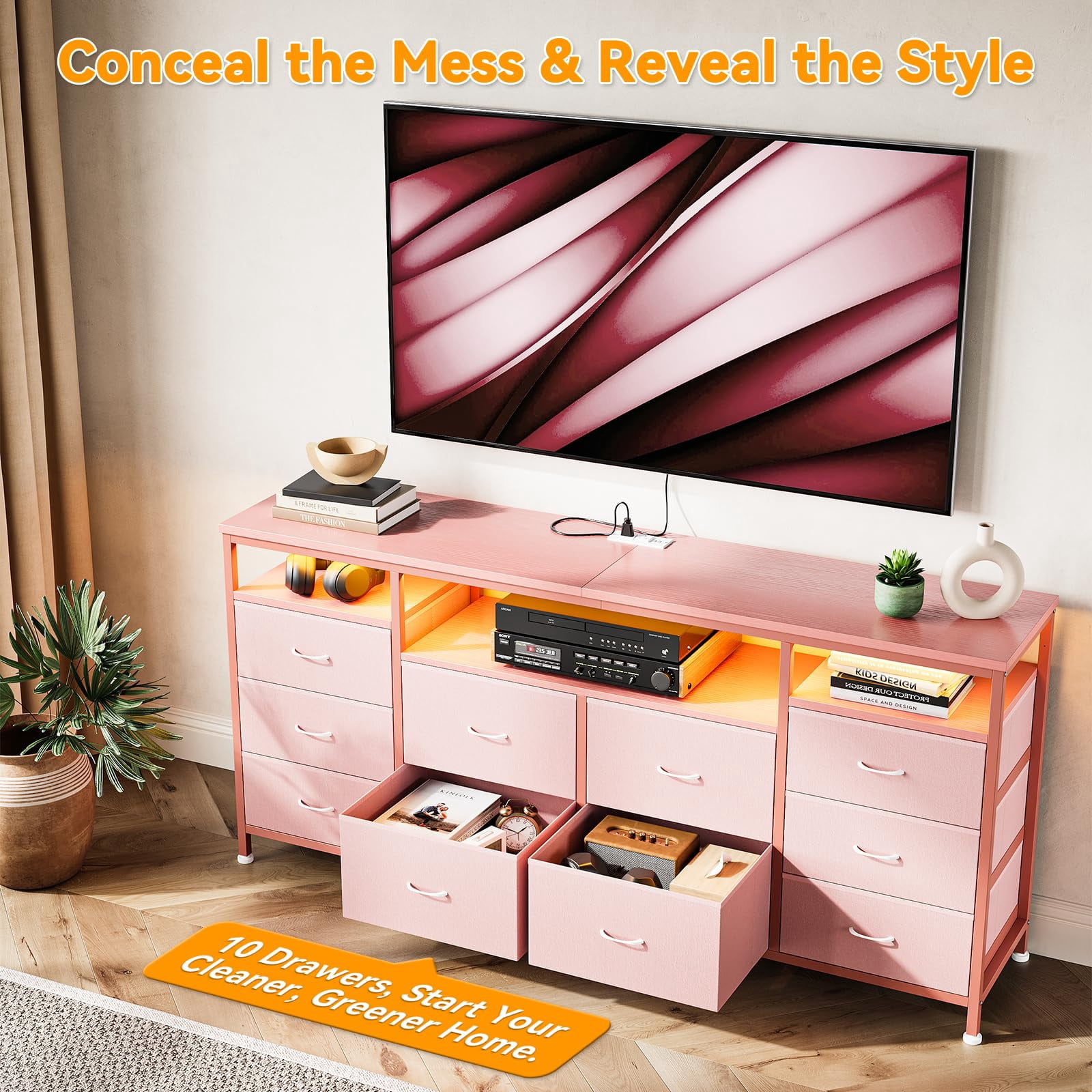 TROPOW Tv Stands for Living Room,10 Drawer Dresser Tv Stand for 65 70 75 Inch Tv,63" W Long Fabric Dresser Entertainment Center, Chest of Drawers Dresser for Bedroom with Led Lights & Power Outlets