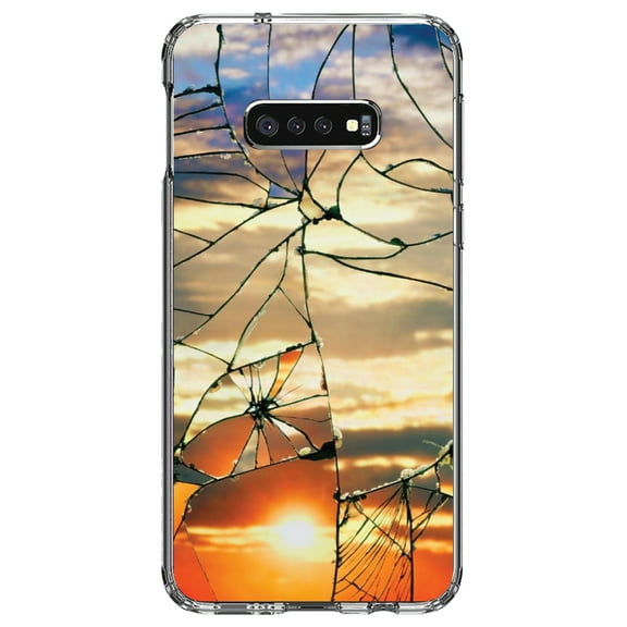 DistinctInk Clear Shockproof Hybrid Case for Samsung Galaxy S10e (5.8" Screen) - TPU Bumper, Acrylic Back, Tempered Glass Screen Protector - Shattered Glass Sunrise