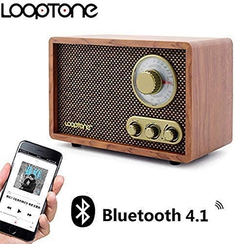 LoopTone AM FM Radio Retro Clásica con Altavoz Bluetooth, Radio de Mesa de Madera Vintage con Control de Bajo Treble para Cocina Salón con Perilla Giratoria