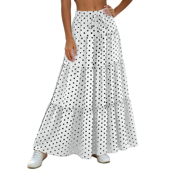 Women's Tiered Maxi Skirt Boho Polka Flowy Drawstring Skirts with Elastic Hight Waist A-Line Casual Dress White S
