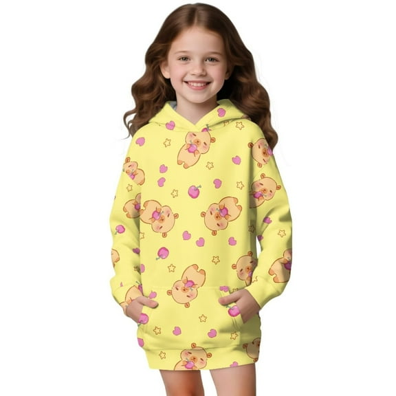 Psesaysky Girls Long Sweatshirt Dress with Kangaroo Pocket Cute Capybara Yellow Print Long Sleeve Hoodies Oversized Loose Fall Winter Outfits for 11-12 Years