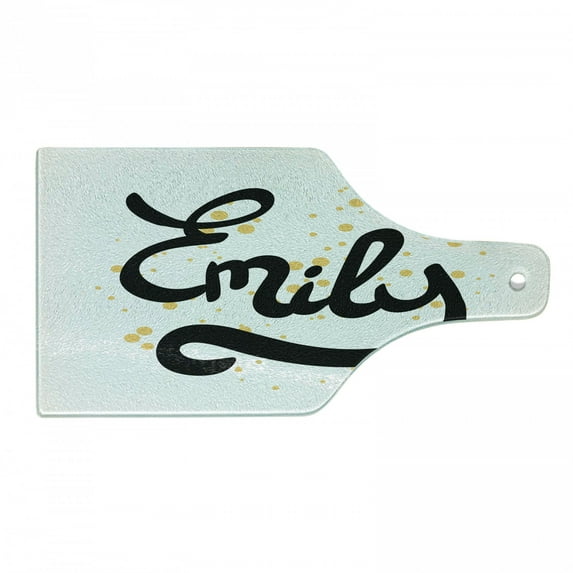 Emily Cutting Board, Hand Drawn Monochrome Cursive Font Modern Calligraphic Signature Design, Tempered Glass Cutting and Serving Board, Wine Bottle Shape, Mustard Black and White, by Ambesonne
