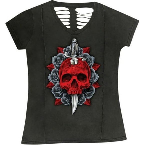 Lethal Threat Red Dagger Skull Womens Short Sleeve T-Shirt Gray LG Large