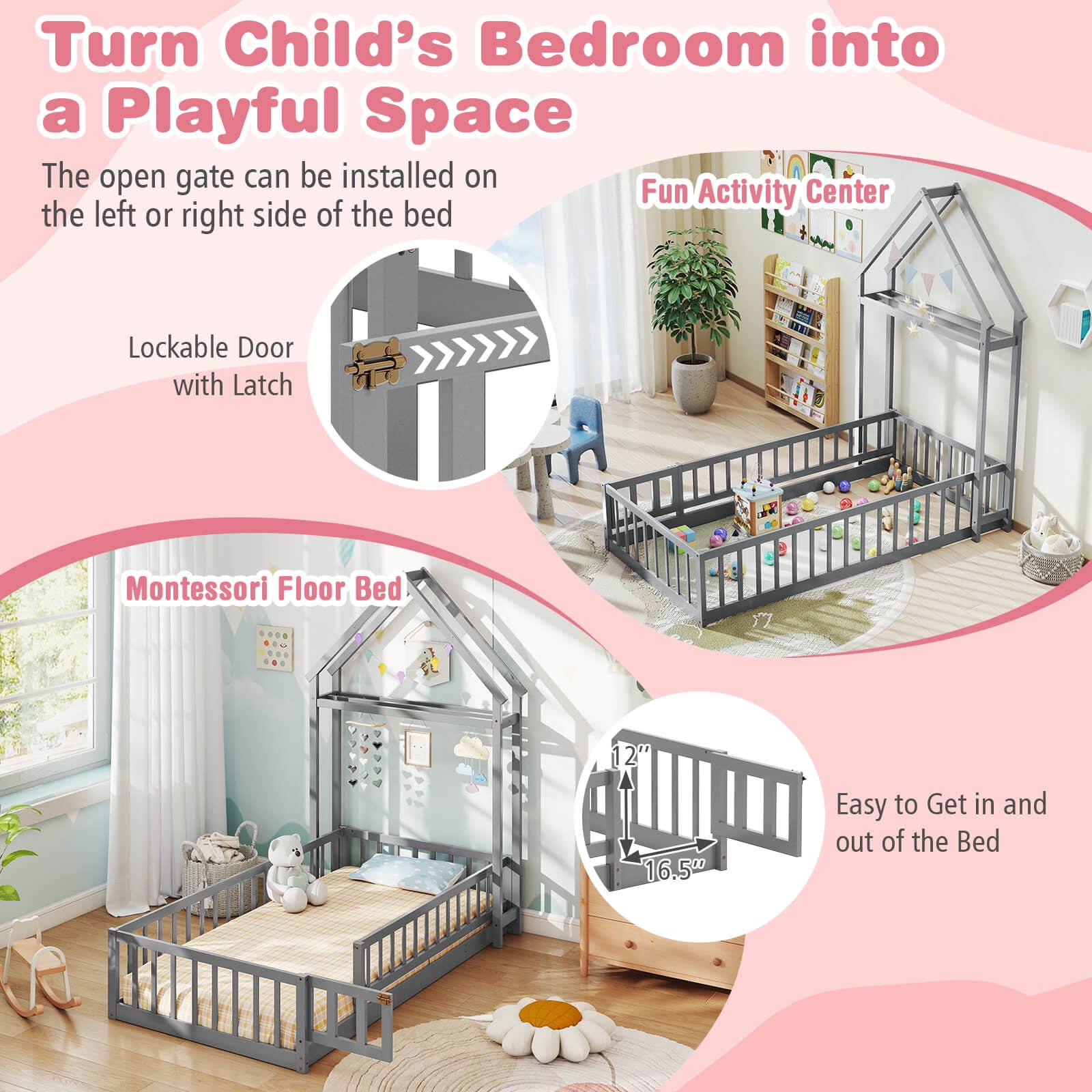 Costway Twin Size House Floor Bed with House-shaped Headboard Clothes Hanger without Slats Gray