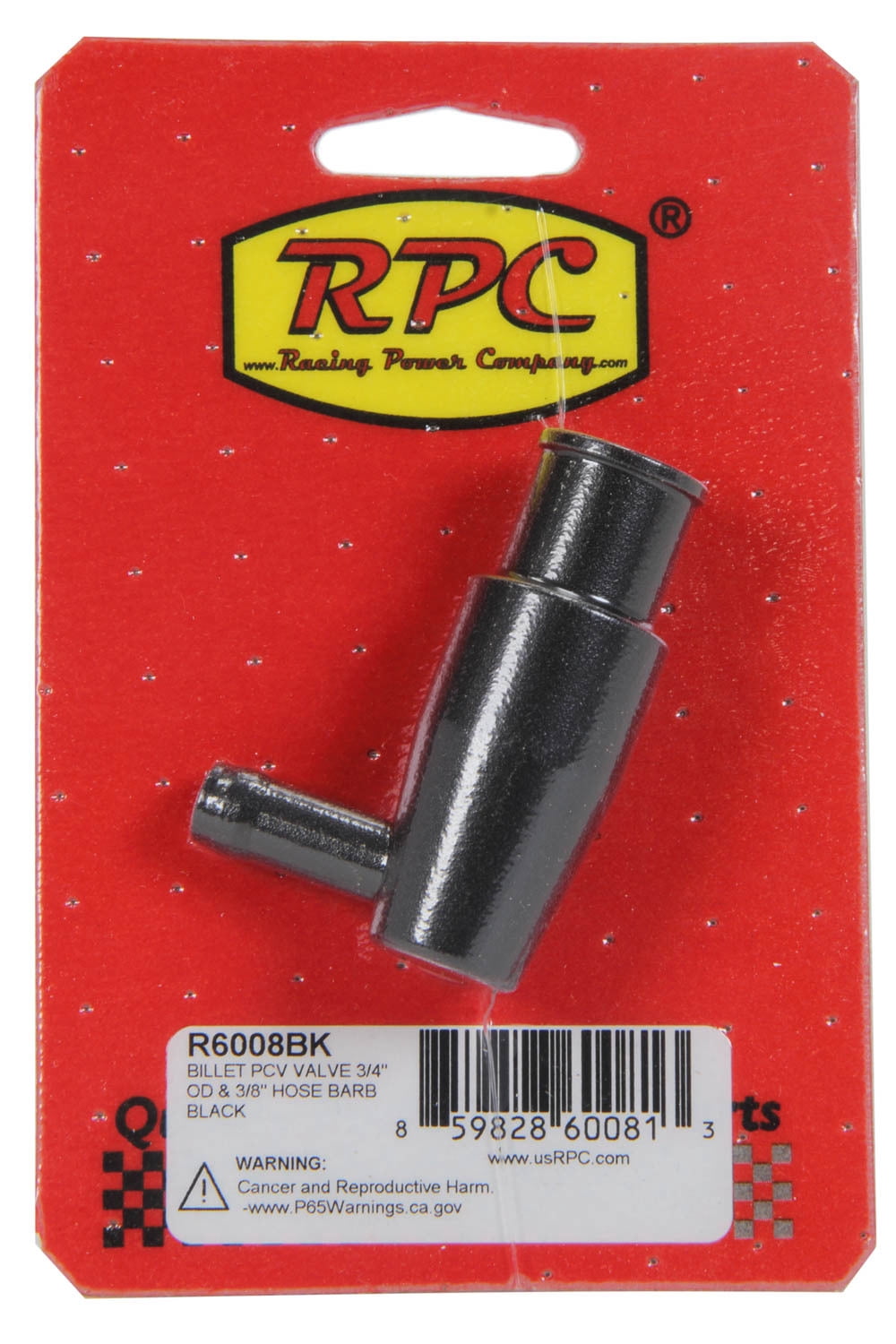 Racing Power Co-Packaged Billet PCV Valve 3/4in OD 3/8in Hose Barb Black