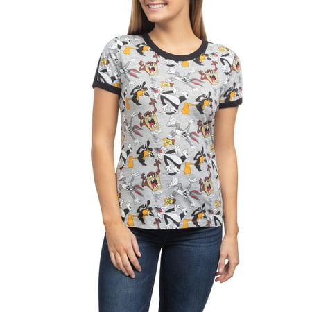 - Looney All Over Juniors' Licensed Contrast Ringer Graphic Short Sleeve T-Shirt