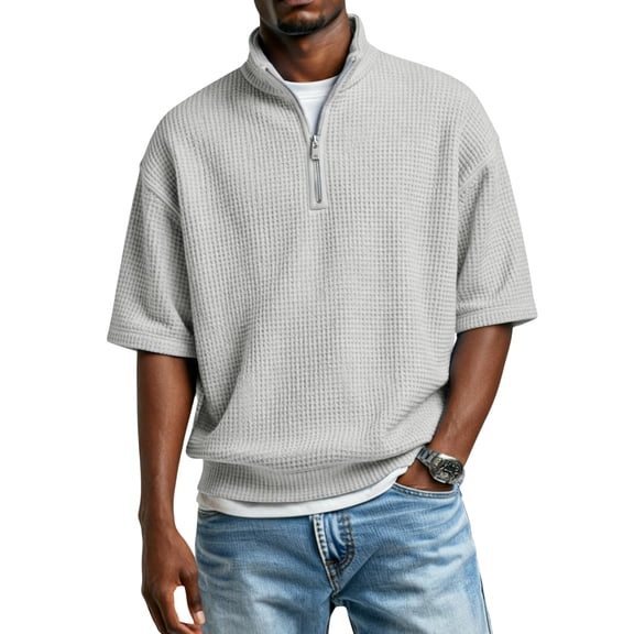 Dwellite Waffle Short Sleeve Polo Shirts for Men Big and Tall 1/4 Zip Up Shirt Casual Solid Color T Shirts Tops Gray L