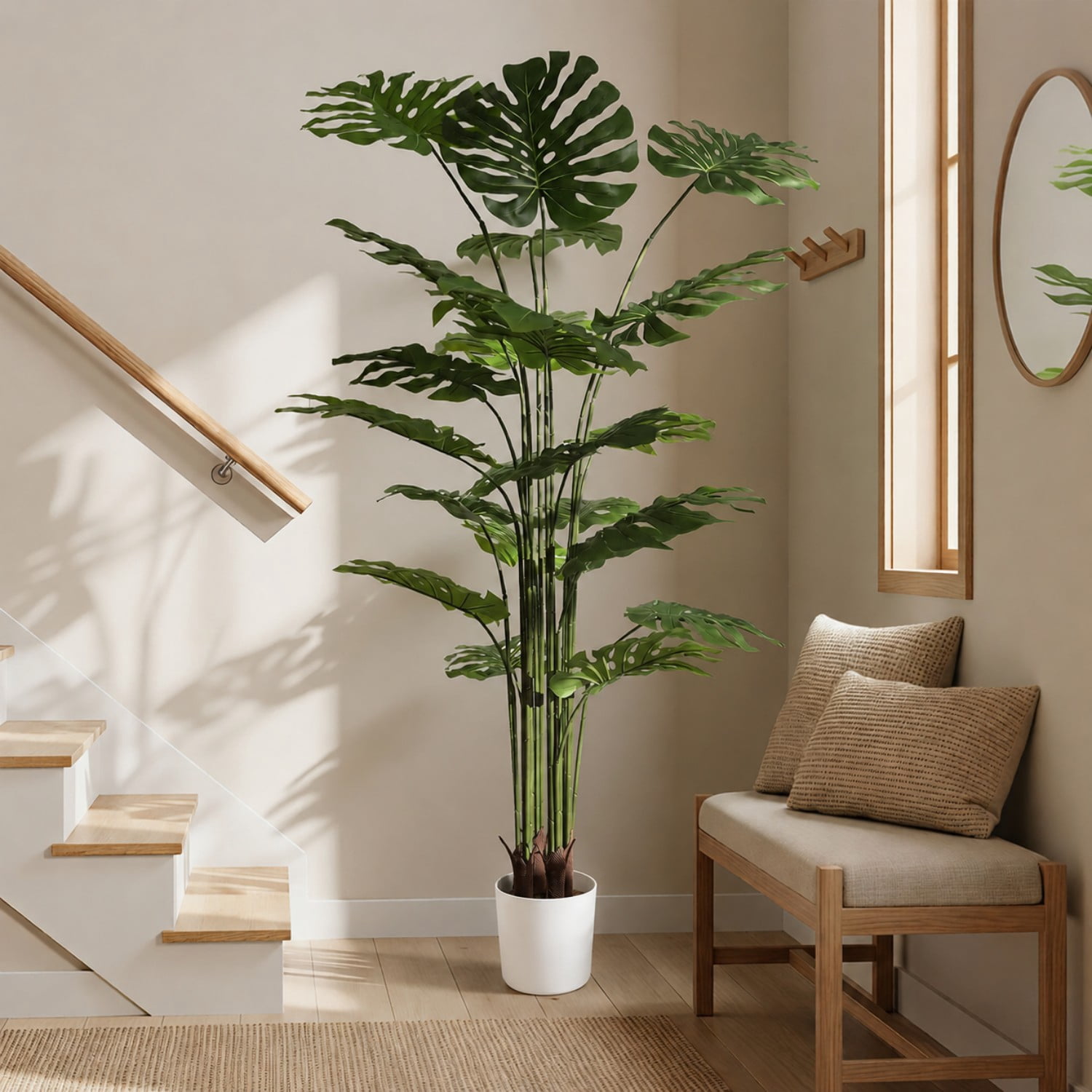 BEAUTYPEAK 6.6FT Artificial Plant Fake Indoor Monstera Plant Decorative Outdoor Greenery in White Pot