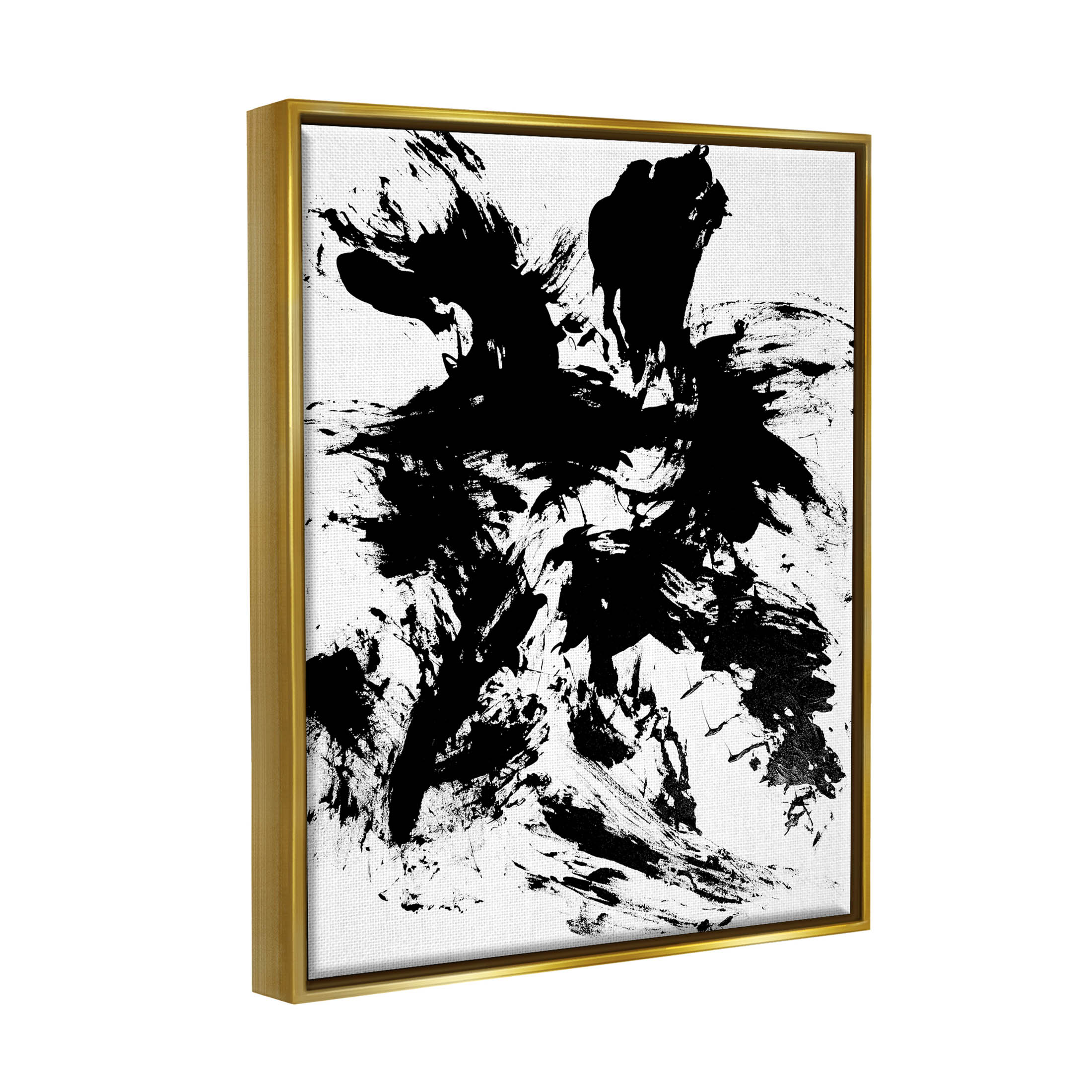 Contemporary Black Ink Strokes Abstract Graphic Art Metallic Gold Framed Art Print Wall Art