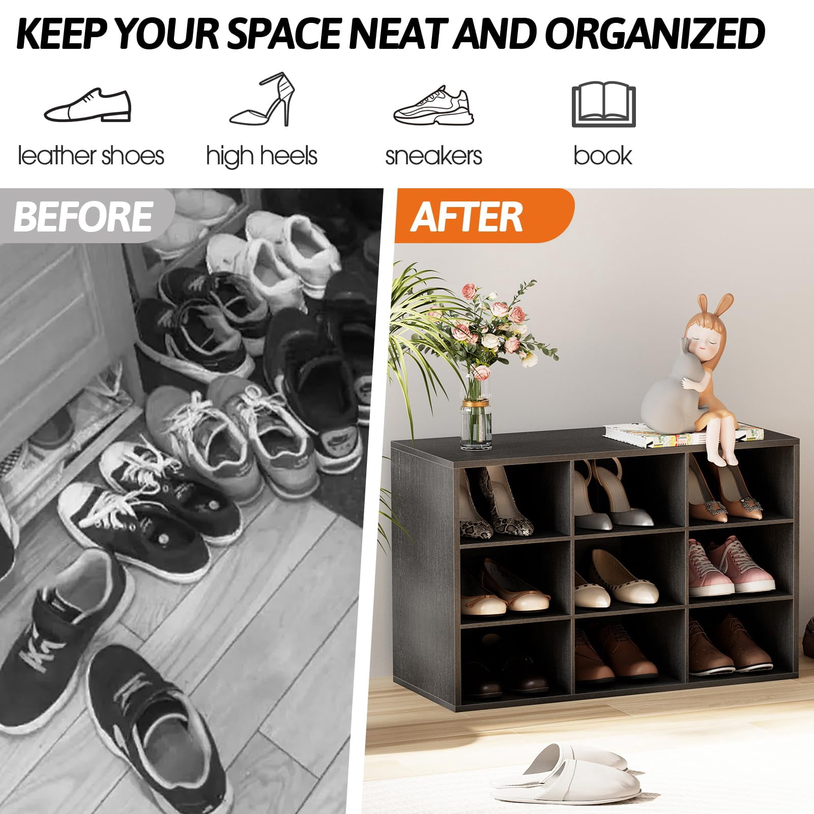 Shoe Storage Bench, Cubby Shoe Rack with 9 Cubbies, 3-Tier Wood Shoe Rack Organizer, Shoe Organizer Cabinet for Entryway, Hallway, Closet and Garage, Black