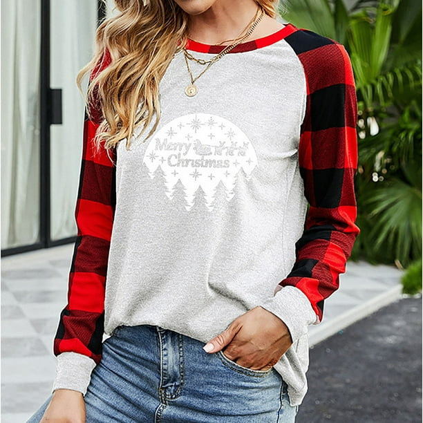 Pntutb, camisas navideñas para mujer, tops de empalme a cuadros, sudaderas de manga larga a la moda, blusas, tops Pntutb Pntutb-3975