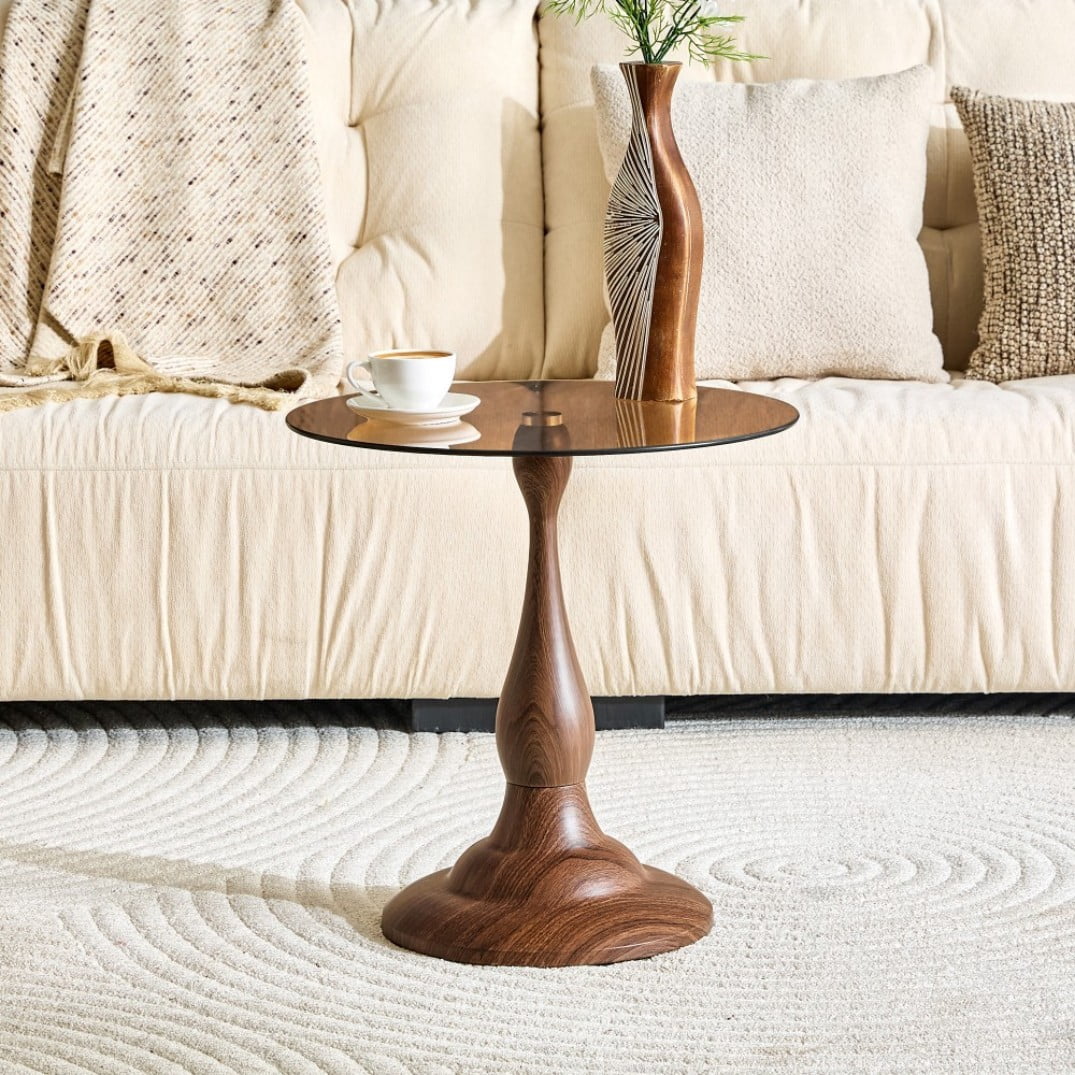 19.6" Round Side Table, Brown Tempered Glass Top with Walnut Metal Base, Modern End Table, Nightstand, Sofa Table for Living Room Bedroom