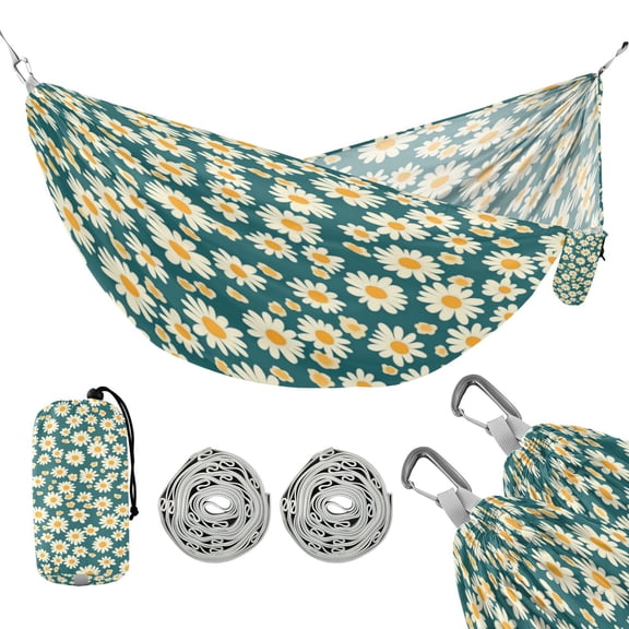 Portable Outdoor Camping Hammock Travel Hammock Ideal for Backpacking, Hiking, and Travel Daisy Flowers on Green Background