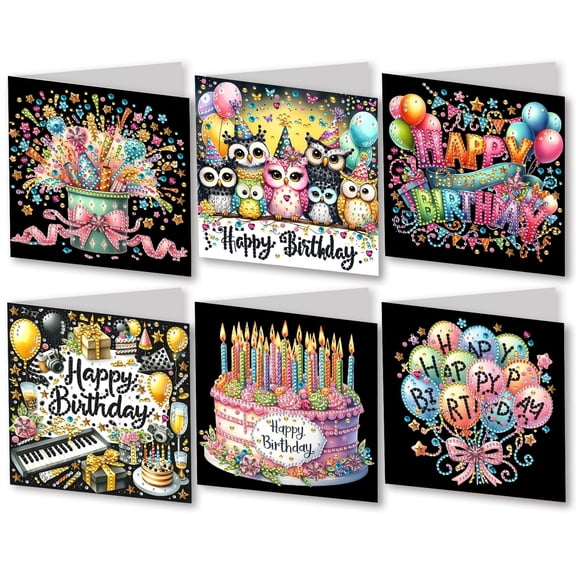 FLOPESN 6Pcs DIY Folding Greeting Card Diamond Art Painting Creative Design Blessing Card Set for Birthday Crafts Gift-Happy Birthday