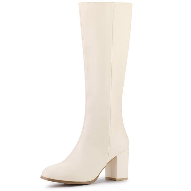 Botas de tacón alto hasta la rodilla con cremallera y punta redonda para mujer Blanco crema 38