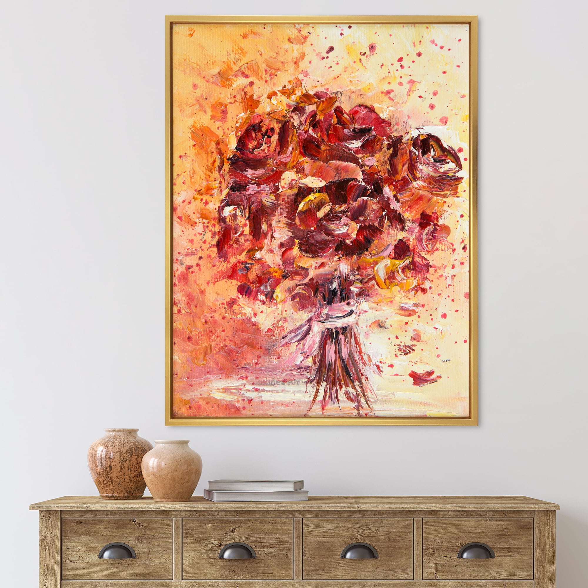 Designart 'Ancient Red Fresh Flowers Bouquet' Traditional Framed Canvas Wall Art Print