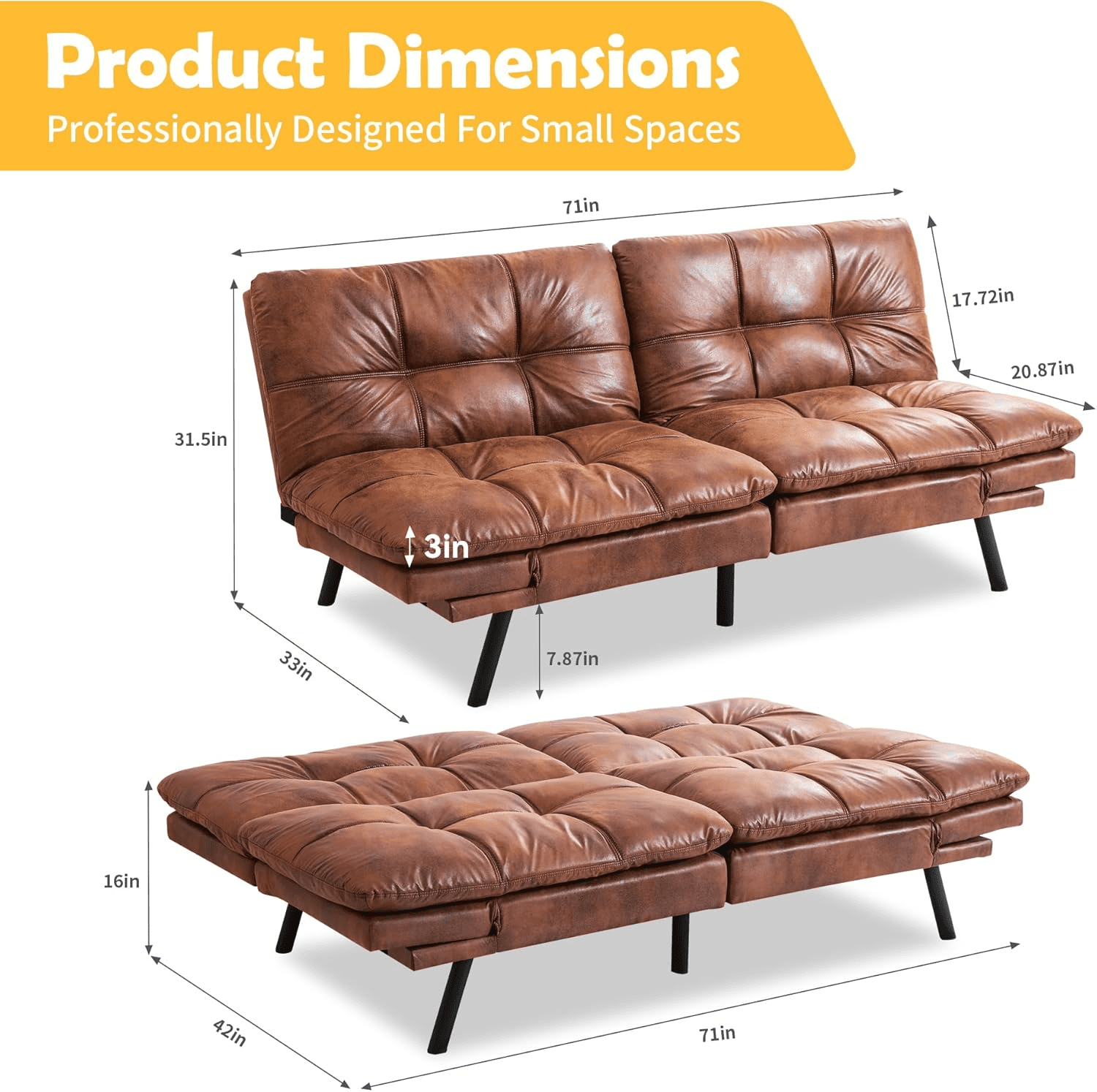Convertible Armless Futon Sofa Bed,3" Memory Foam Modern Loveseat Couch,71" L Sleeper Sofa Bed,Small Splitback Modern Faux Leather Futon Sofa