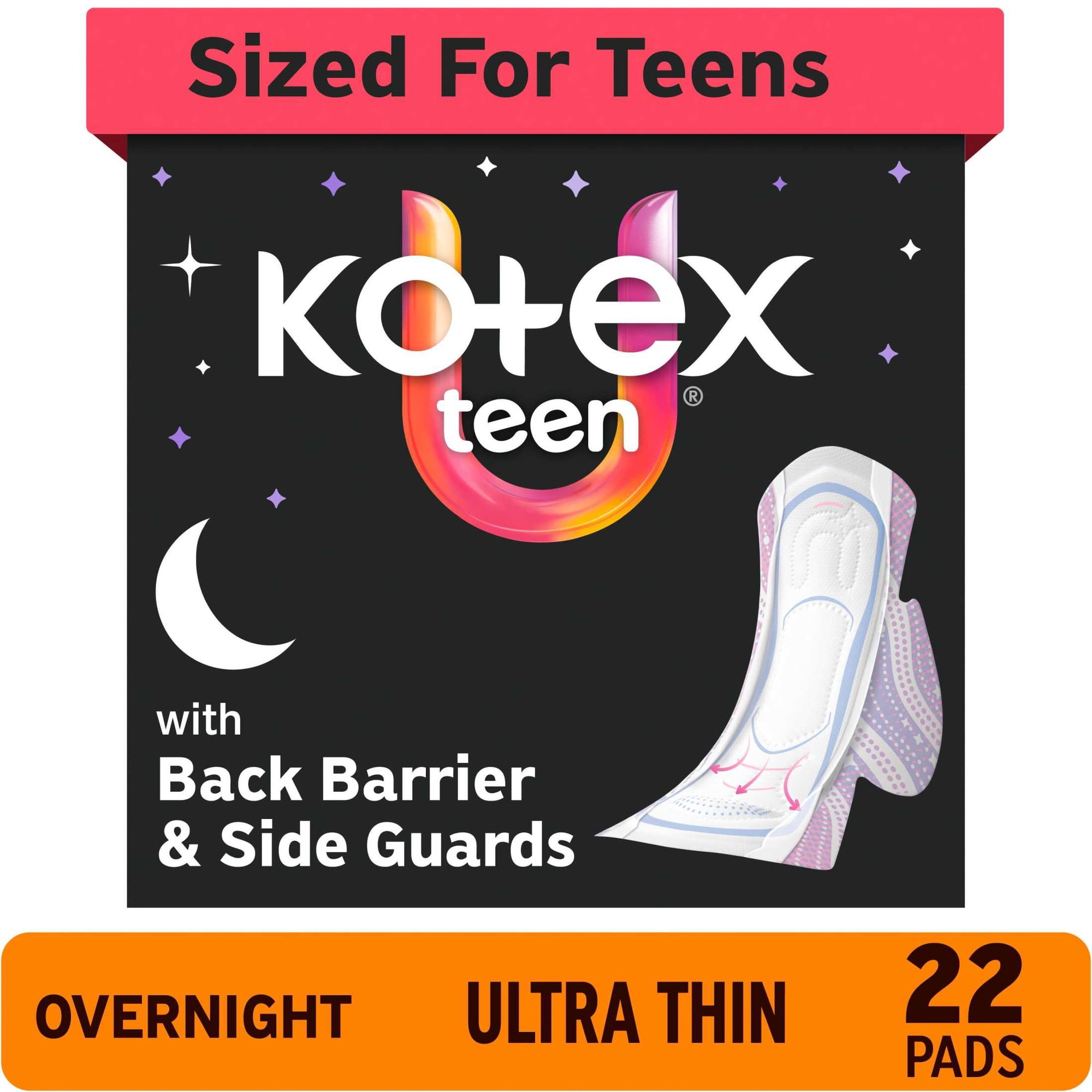 Kotex Ultra Thin Teen Overnight Period Pads with Wings, Heavy Absorbency, 22 Count
