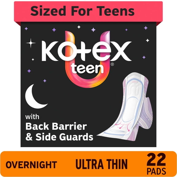Kotex Ultra Thin Teen Overnight Pads with Wings, Heavy Absorbency, 22 Count