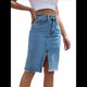 thumbnail image 1 of Falda Vaquera Midi Ajustada con Cintura Alta, Abertura Frontal y Dobladillo Sin Rematar para Mujer Azul Medio M, 1 of 9