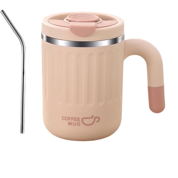 shiyou-16oz Insulated Coffee Mugs - Ideal for Indoor Office Use. Features SUS 304 Inner, Double Wall Insulation, Detachable Silicone Ring. 3 Drinking Options. Available in White, Brown, Pink (Pink)