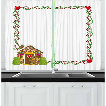 Kids Christmas Curtains 2 Panels Set, Frame Featuring Sweet Candy Canes Hearts and a Gingerbread Cookie House, Window Drapes for Living Room Bedroom, 55W X 39L Inches, Multicolor, by (Best Candy For Gingerbread House Windows)