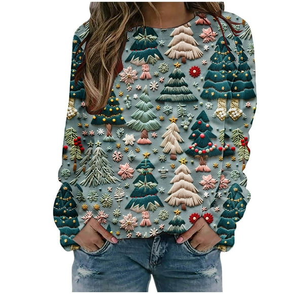 lcziwo Christmas Sweatshirt Women Oversized Xmas Sweater Funny Xmas Tree Print Pullover Holiday Long Sleeve Crew Neck Sweatshirt Womens Tops Green,M
