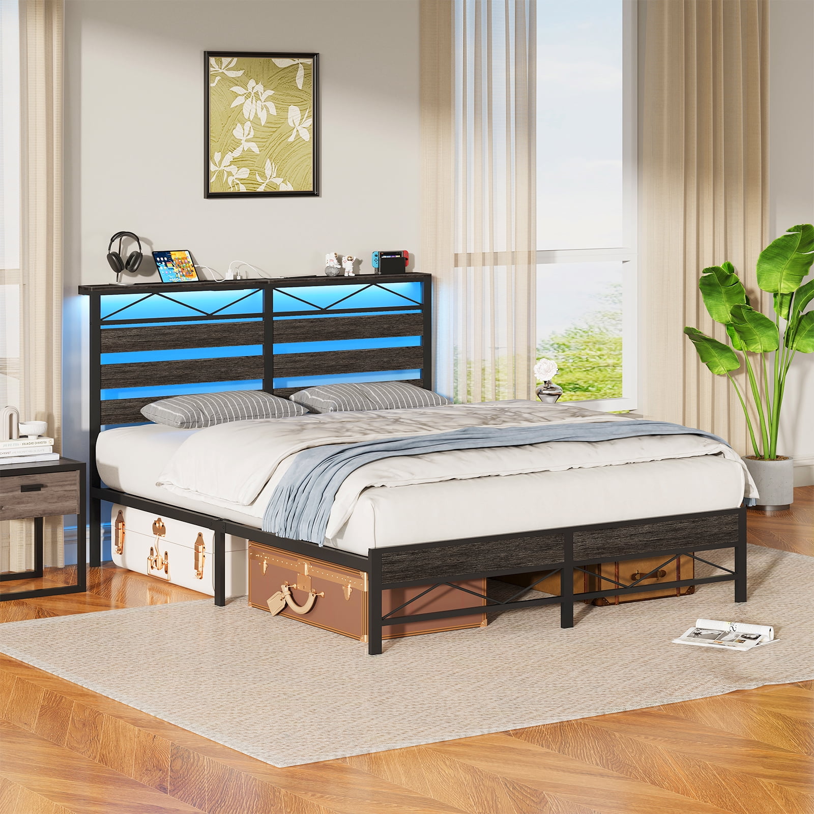 HOOBRO Queen Size Bed Frame with Headboard, LED Bed Frame with Storage Headboard and Charging Station, Bed Frame with 2 Outlets and 2 USB Ports, for Queen Beds, Charcoal Black BC22UDBF01
